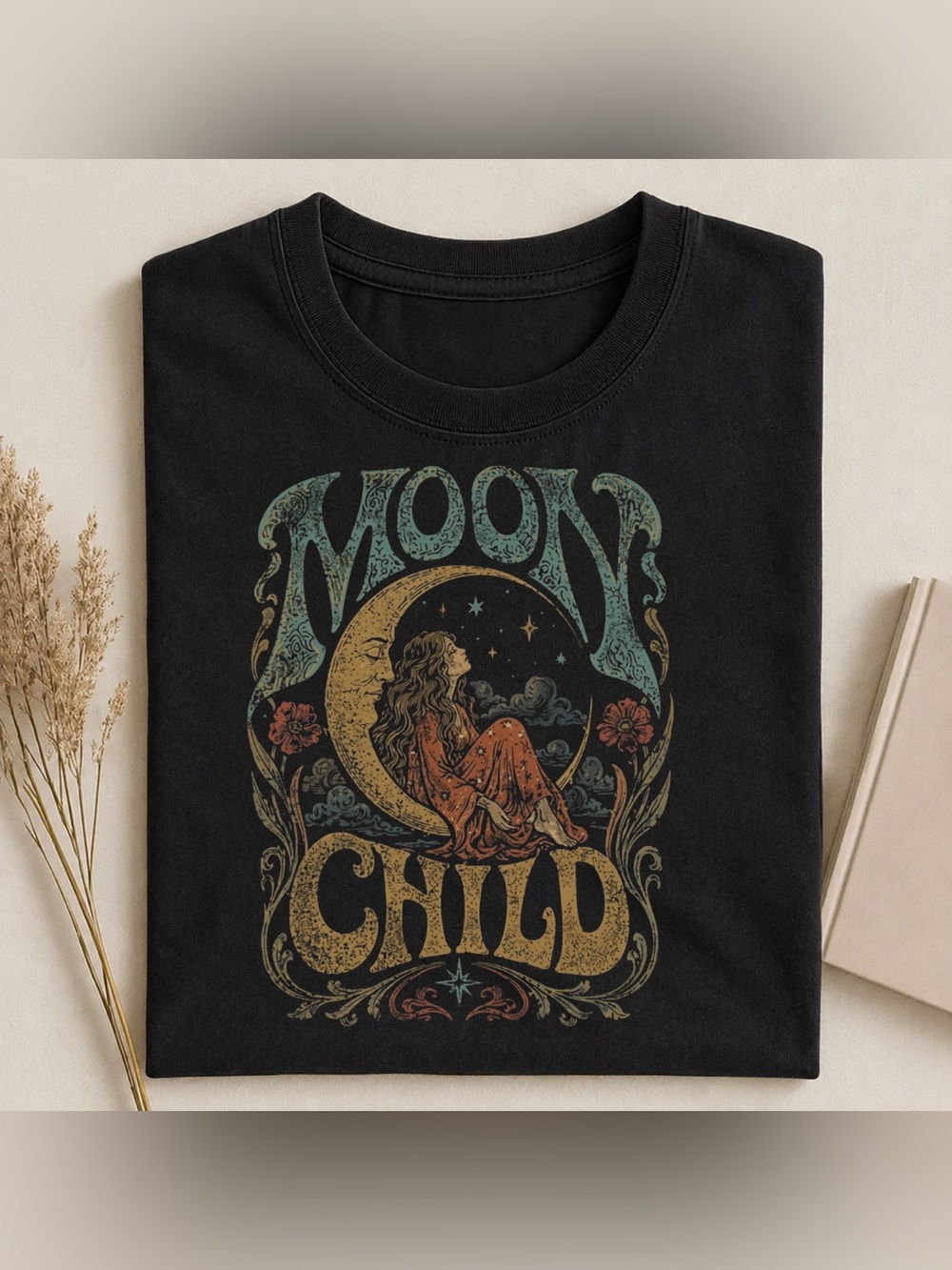 Moon Child Graphic Tee for Unisex, Gildan Black Color Vintage Shirt